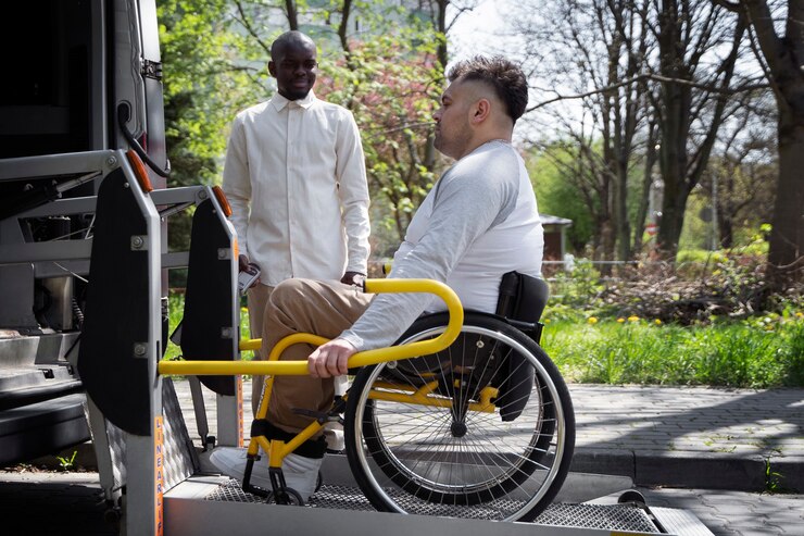 full shot disabled man getting out vehicle for ndis cleaning